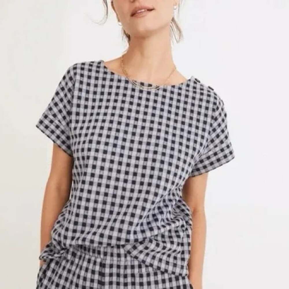 Madewell Gingham Knit Button Shoulder Top Blue  and Black XS